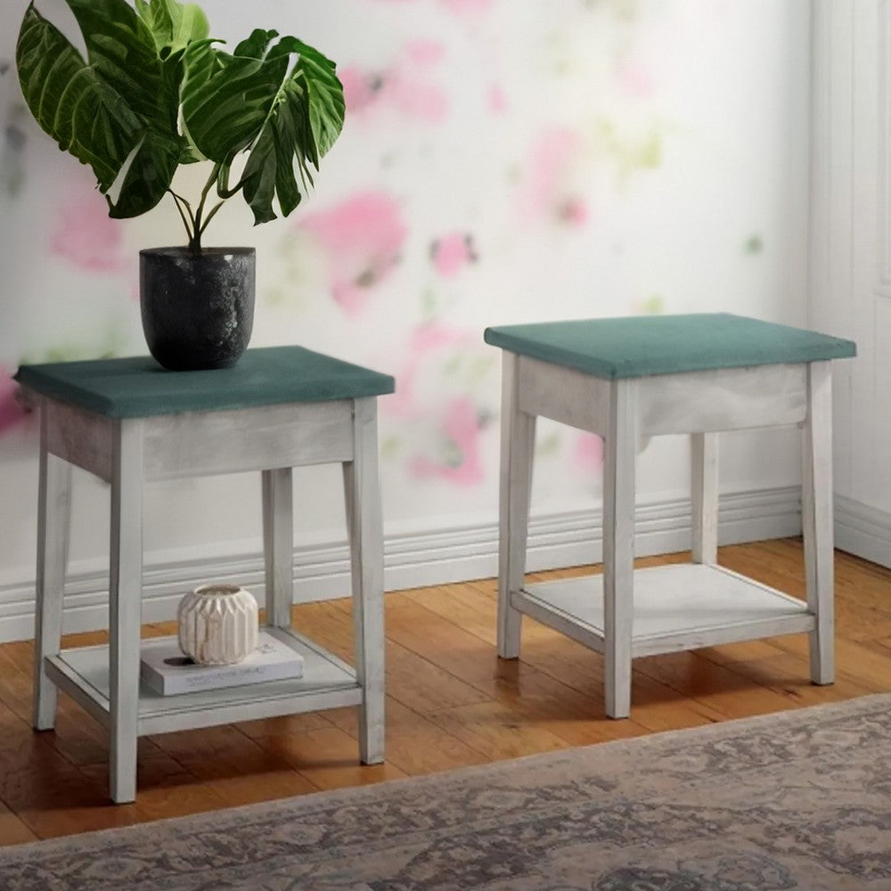 Eleni 24 Inch Side Table, Square Bottom Shelf, Antique White and Teal Wood By Casagear Home