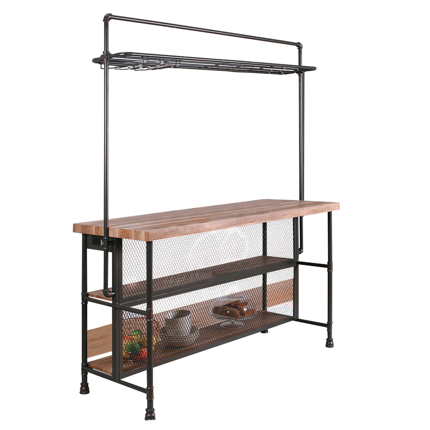 59 Inch Bar Table with Hanging Rack Sand Black Metal Natural Brown Wood By Casagear Home BM312137