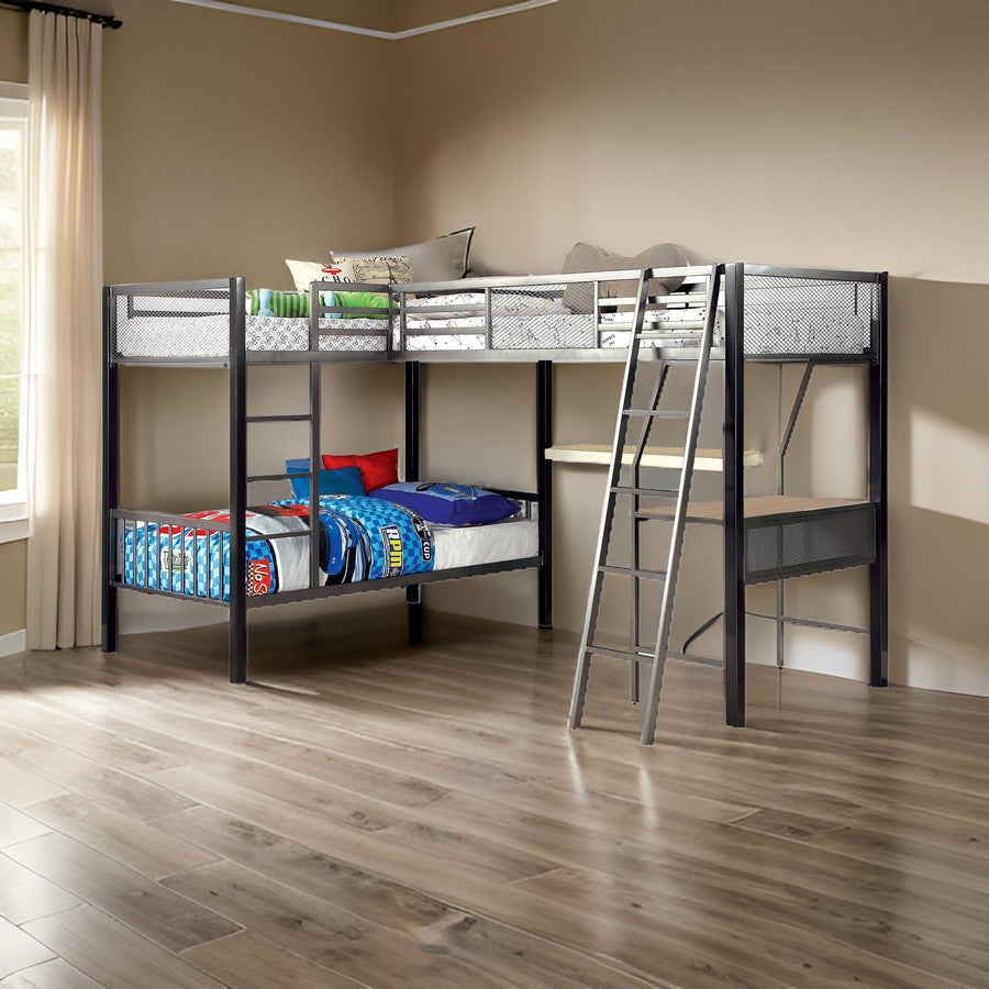 Triple Twin Size Bunk Beds with Desk and Ladders, Silver Metal Frame By Casagear Home