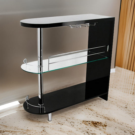 Zaina 42 Inch Modern Bar Table, 3 Shelves, Tempered Glass, Black, Chrome By Casagear Home