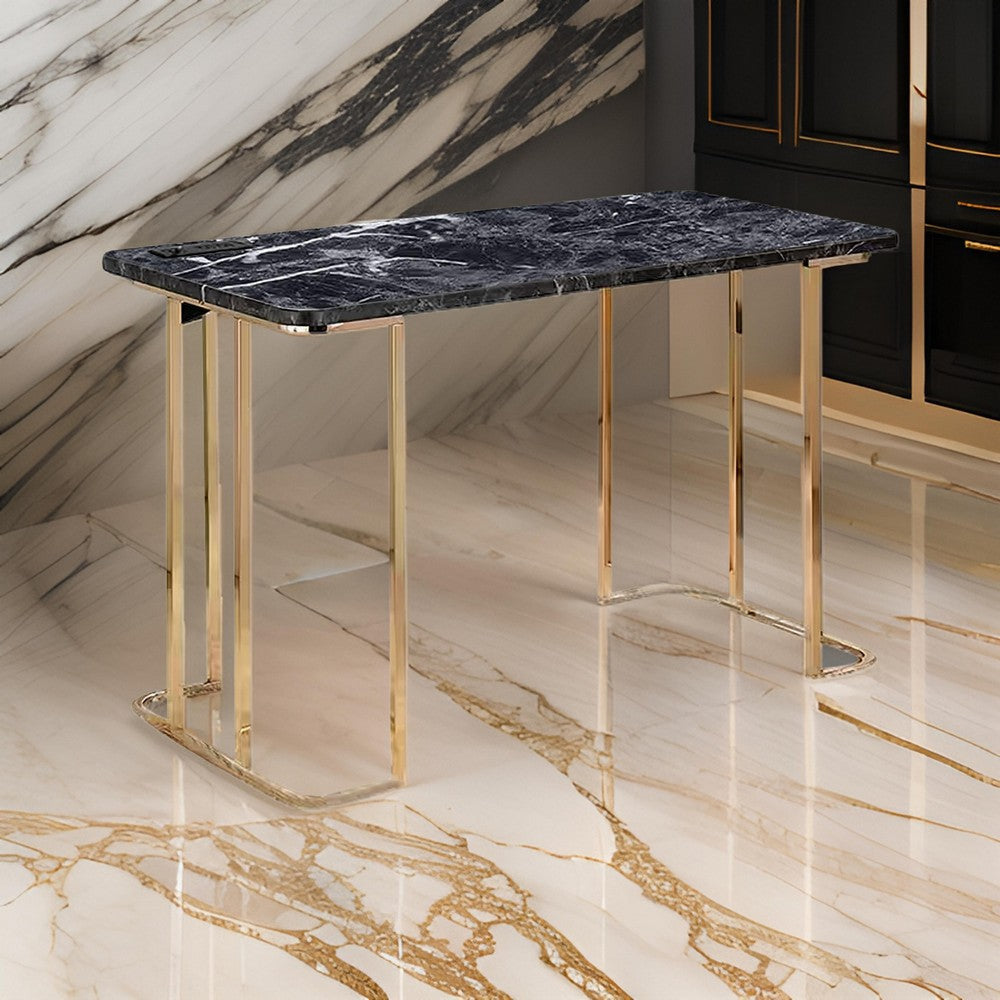 Jenny 47 Inch Desk, USB Power Outlet, Gold Metal Legs, Black Faux Marble By Casagear Home