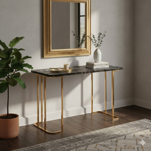 Jenny 47 Inch Desk, USB Power Outlet, Gold Metal Legs, Black Faux Marble By Casagear Home