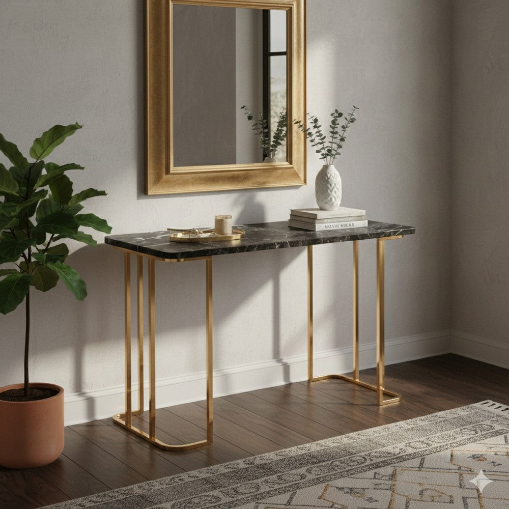 Jenny 47 Inch Desk, USB Power Outlet, Gold Metal Legs, Black Faux Marble By Casagear Home