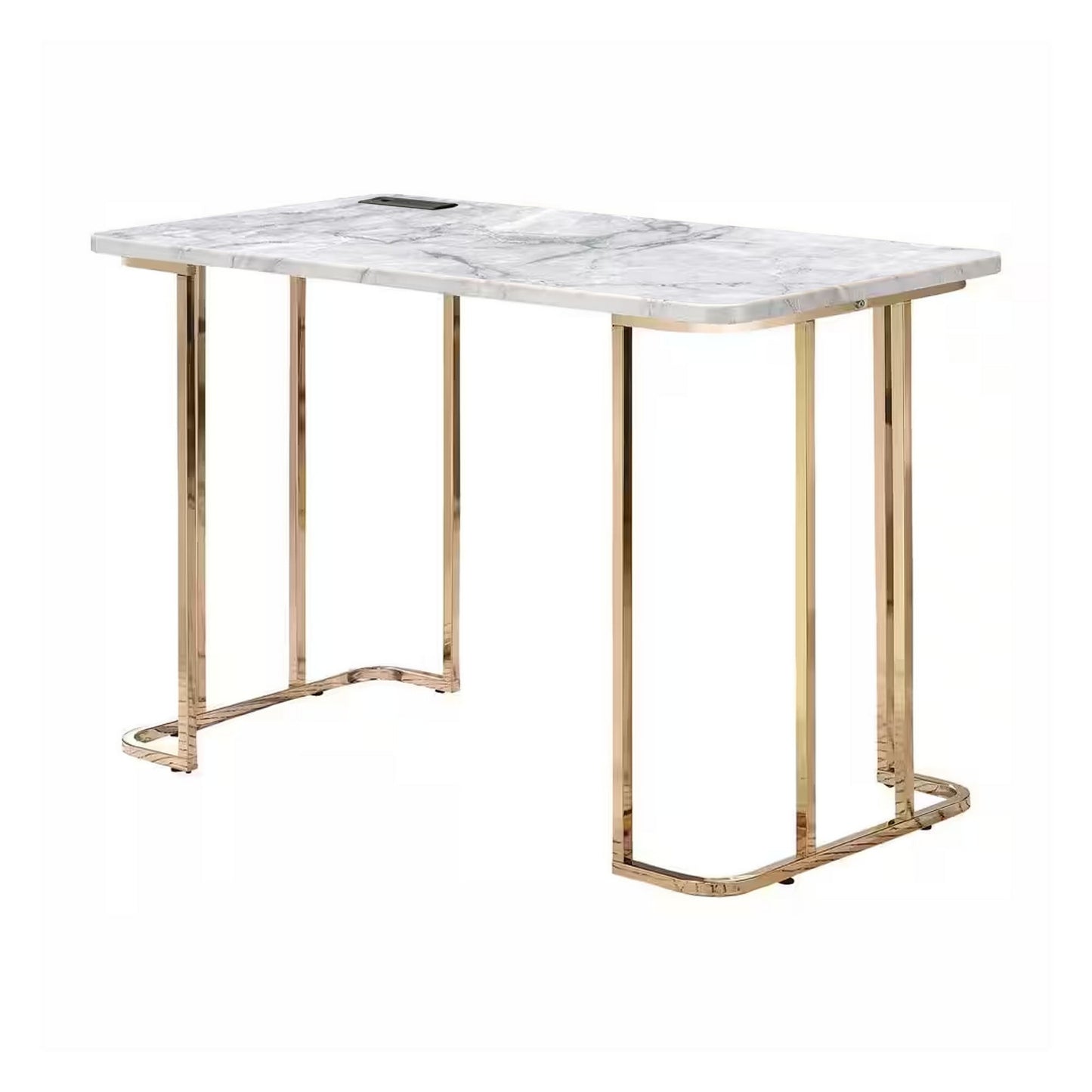 Jenny 47 Inch Desk USB Power Outlet Gold Metal Legs White Faux Marble By Casagear Home BM312151