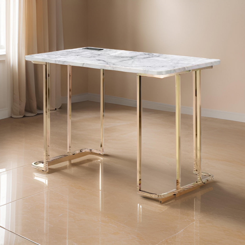 Jenny 47 Inch Desk, USB Power Outlet, Gold Metal Legs, White Faux Marble By Casagear Home