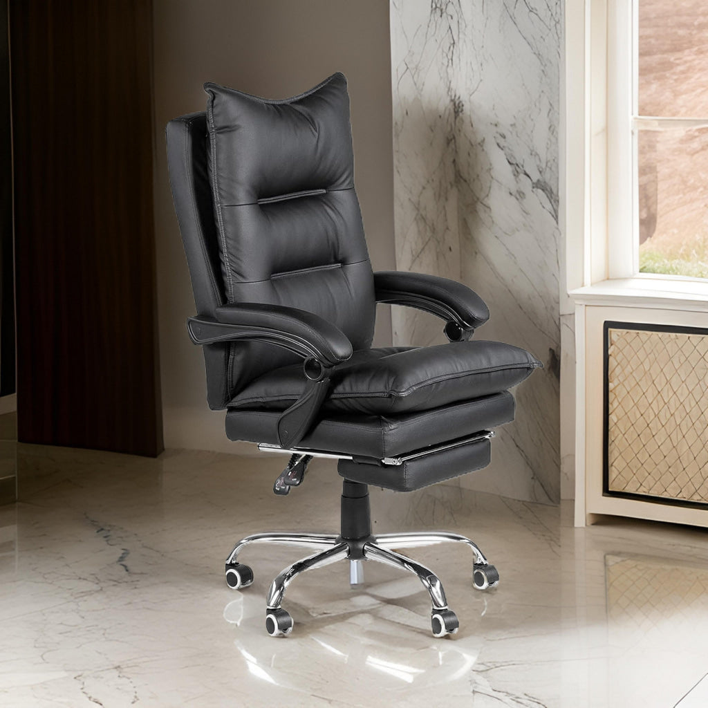 Elin 46 Inch Office Chair Recliner, Footrest, Black Faux Leather, Wheels By Casagear Home