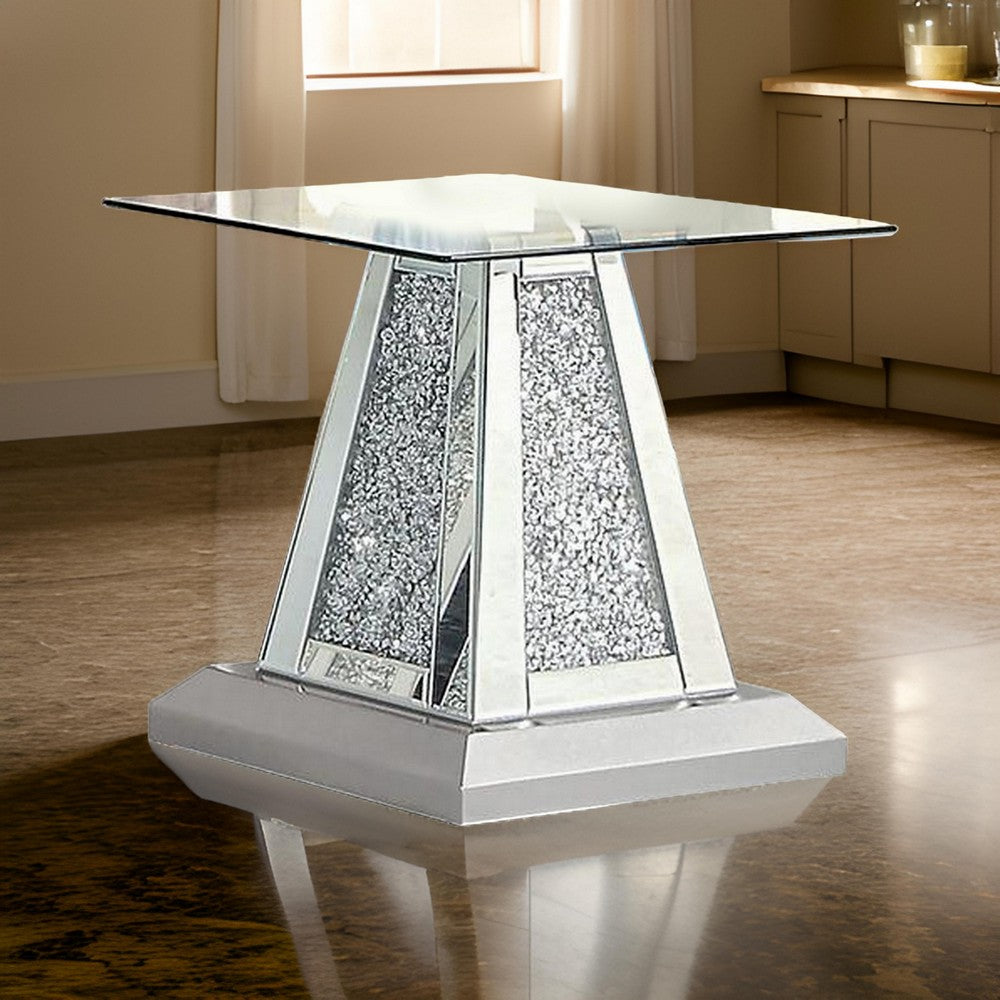Rigo 24 Inch Accent End Table, Glass Top, Pedestal, Silver Acrylic Accents By Casagear Home