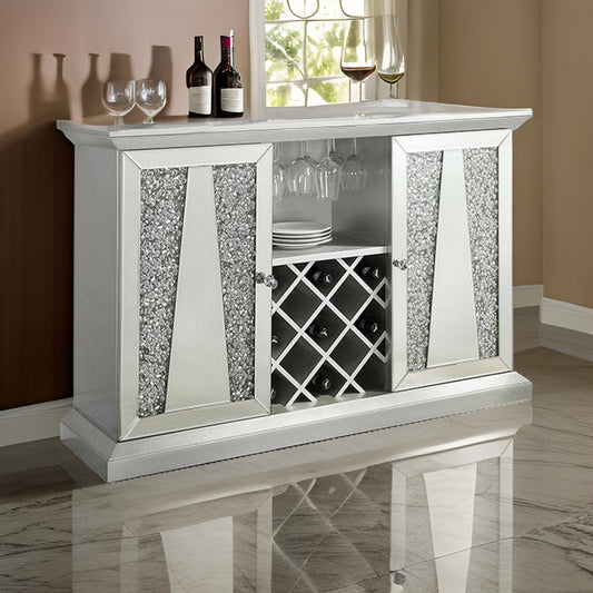 Rigo 52 Inch Sideboard Server 2 Door Mirrored Acrylic Diamonds Silver By Casagear Home BM312155