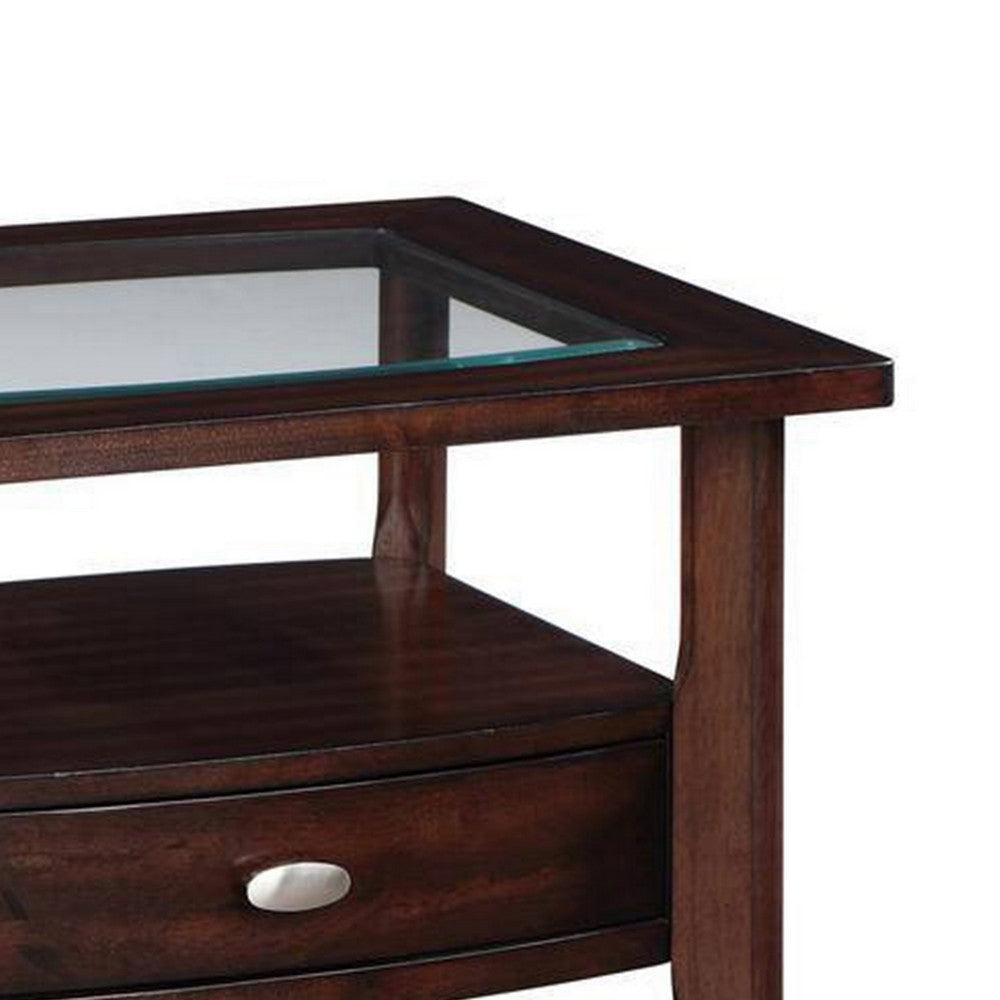 Ruen 27 Inch Side End Table Glass Inset Bottom Shelf 1 Drawer Brown By Casagear Home BM312162