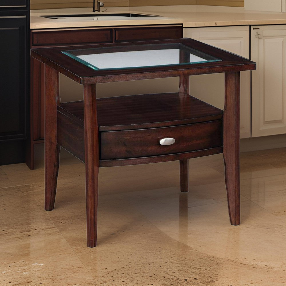 Ruen 27 Inch Side End Table, Glass Inset, Bottom Shelf, 1 Drawer, Brown By Casagear Home
