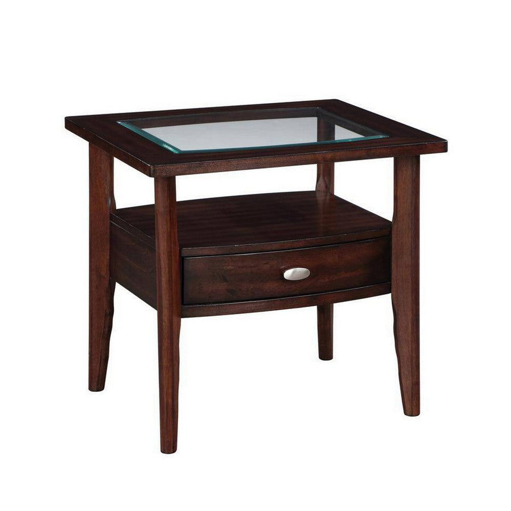 Ruen 27 Inch Side End Table Glass Inset Bottom Shelf 1 Drawer Brown By Casagear Home BM312162