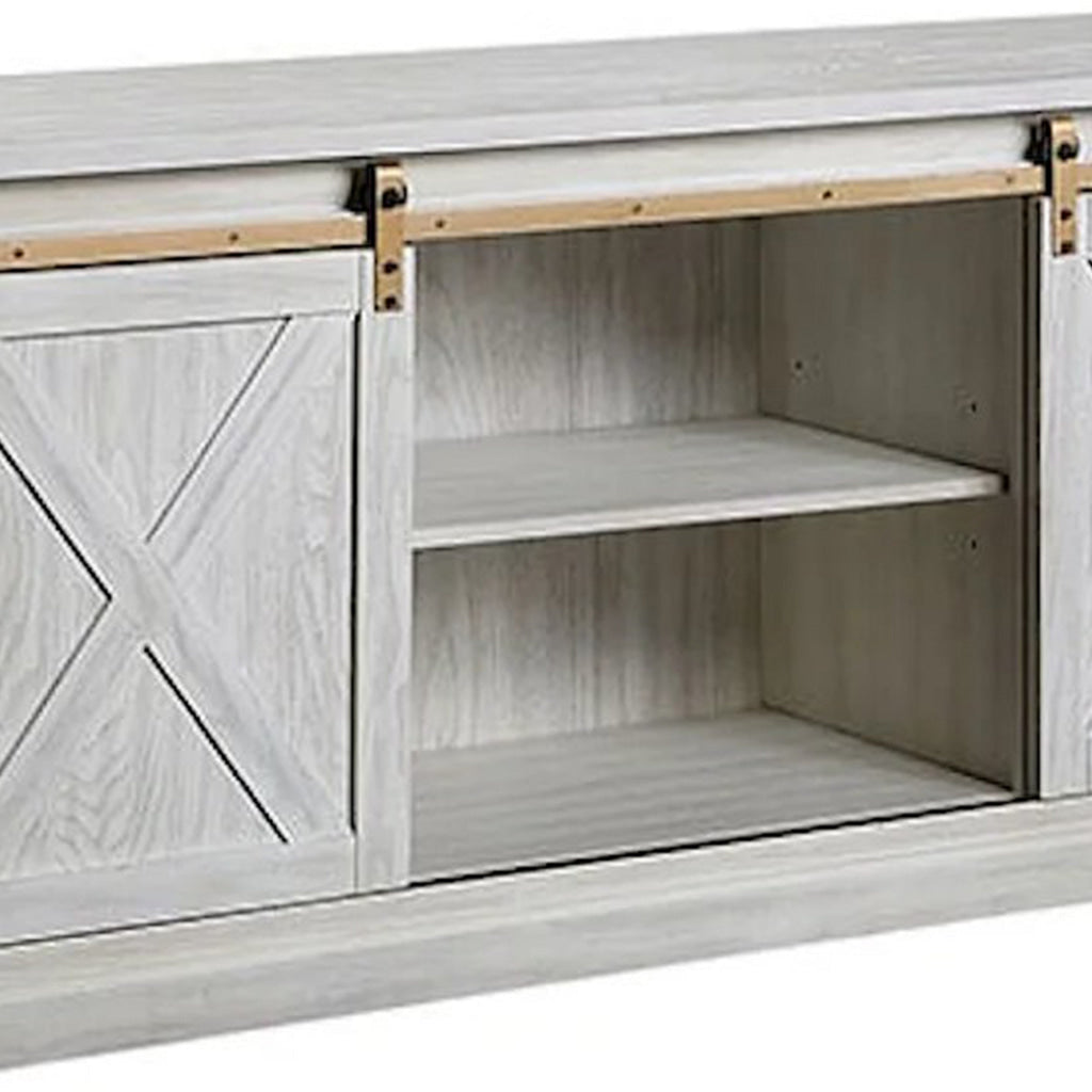 Bego 72 Inch TV Entertainment Console Sliding Barn Door Shelves White By Casagear Home BM312166