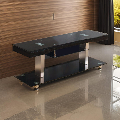 60 Inch TV Entertainment Console, Long Glass Media Shelf, Chrome Accents By Casagear Home