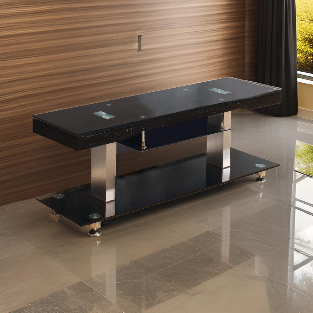 60 Inch TV Entertainment Console, Long Glass Media Shelf, Chrome Accents By Casagear Home