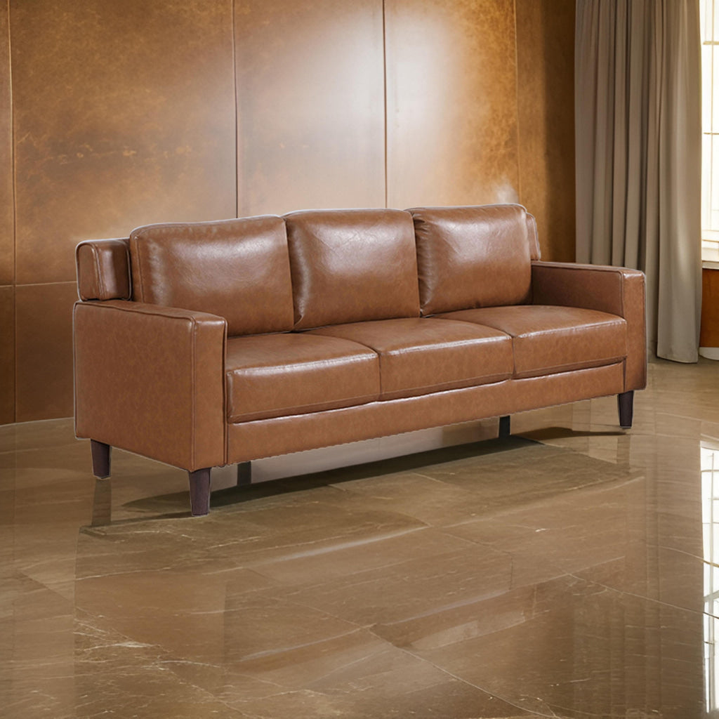 Heun 55 Inch Sofa Modern Soft Camel Brown Faux Leather Square Track Arms By Casagear Home BM312174