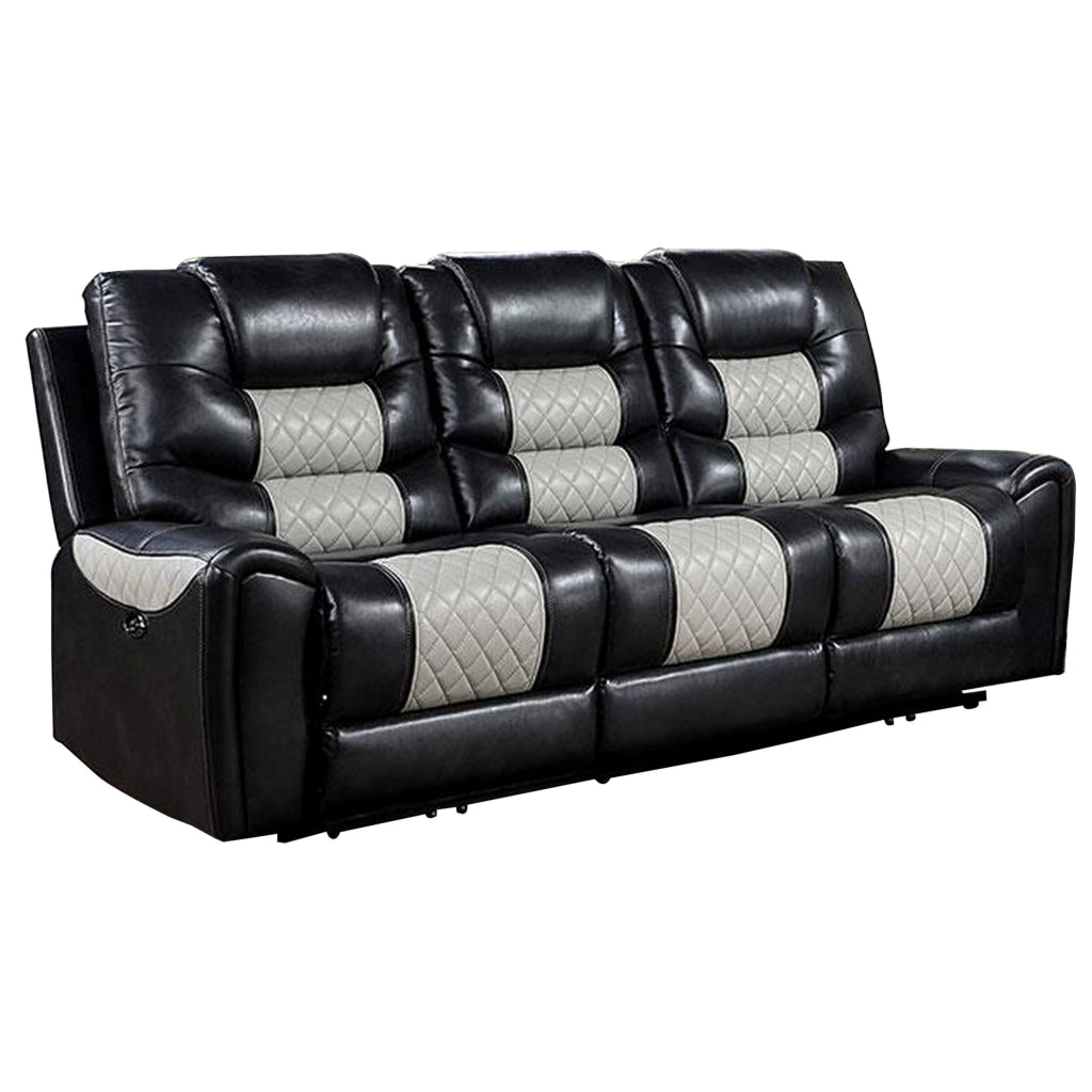 Leiz 85 Inch Power Recliner Sofa USB Port Gray and Black Faux Leather By Casagear Home BM312177