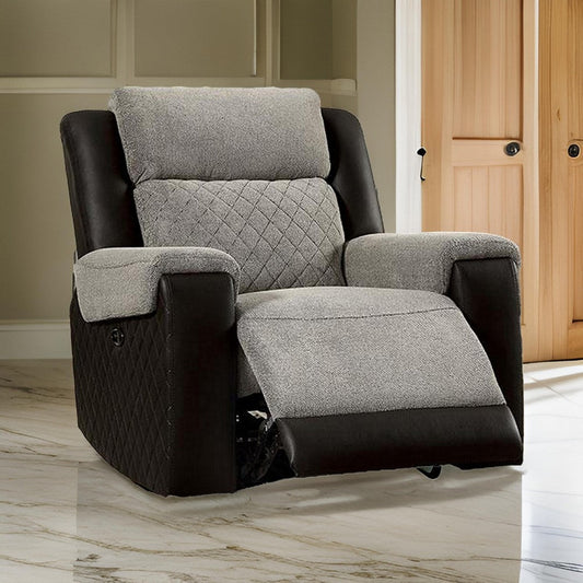 Sten 39 Inch Power Recliner Chair, USB, Gray Fabric, Black Faux Leather By Casagear Home