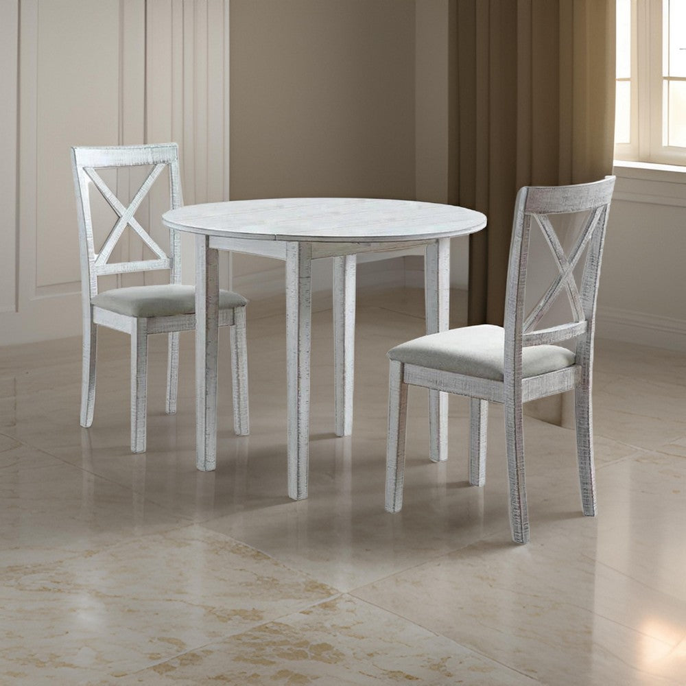 Dela 3 Piece Dining Table Set, 2 Chairs, Gray Fabric, Antique White Wood By Casagear Home