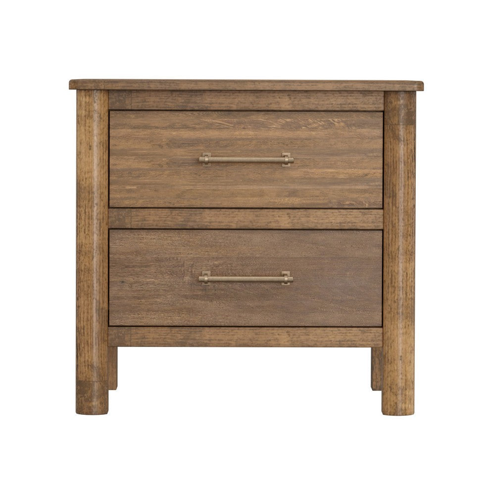Olum 28 Inch Nightstand 2 Drawers Metal Handles Solid Mango Wood Brown By Casagear Home BM312205