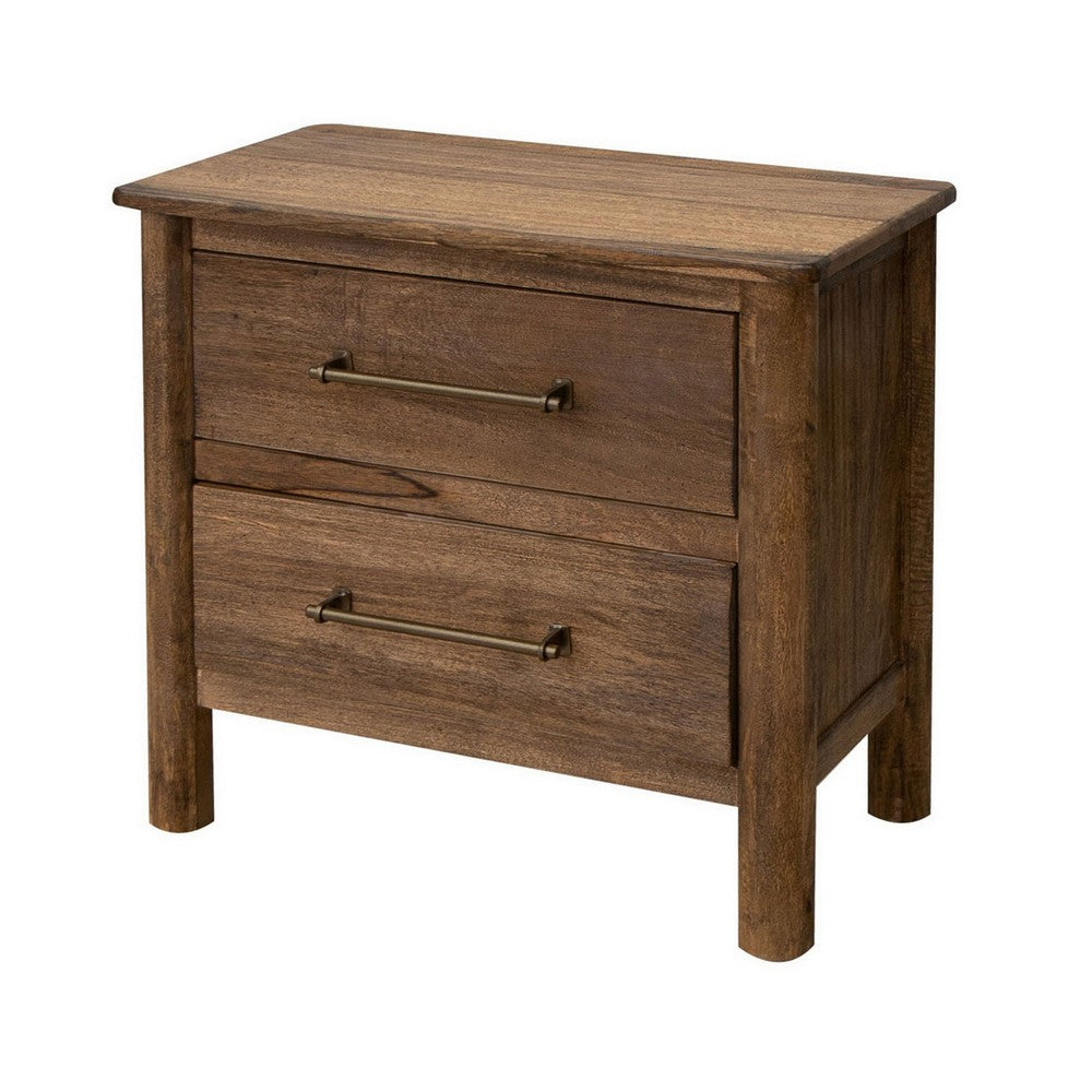 Olum 28 Inch Nightstand 2 Drawers Metal Handles Solid Mango Wood Brown By Casagear Home BM312205