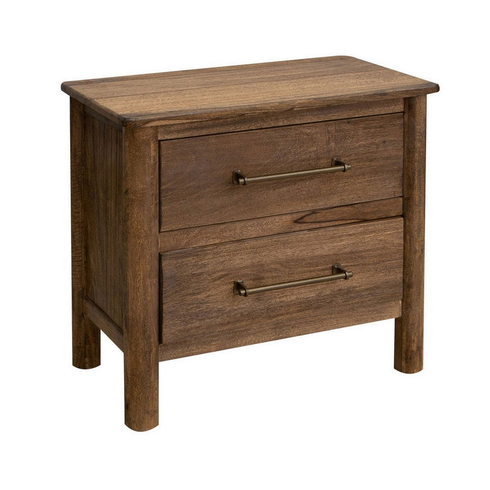 Olum 28 Inch Nightstand 2 Drawers Metal Handles Solid Mango Wood Brown By Casagear Home BM312205