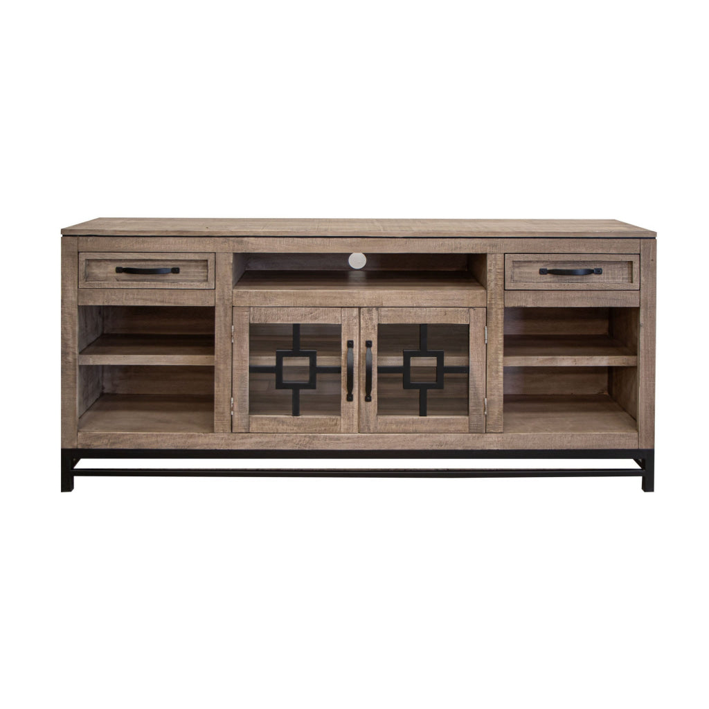 Piel 70 Inch TV Media Entertainment Console 2 Glass Doors Beige Pine Wood By Casagear Home BM312210