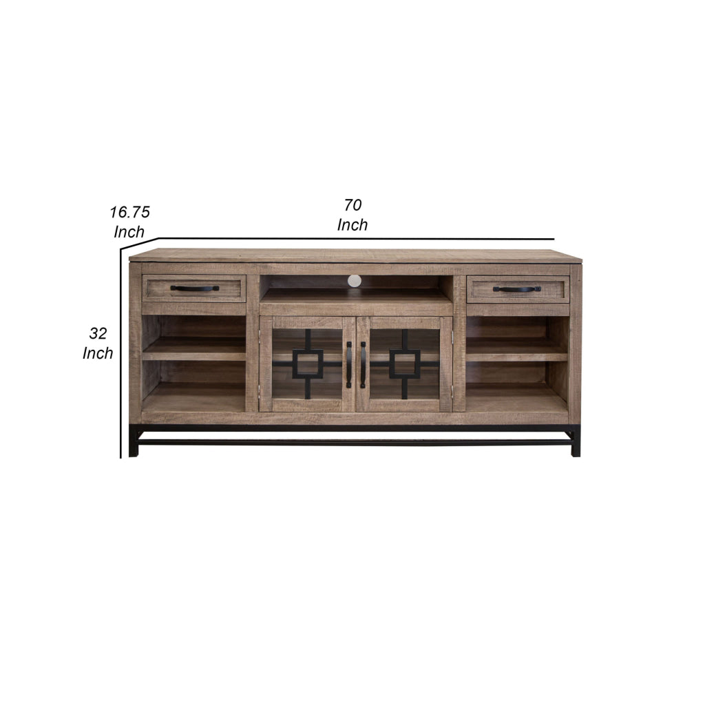 Piel 70 Inch TV Media Entertainment Console 2 Glass Doors Beige Pine Wood By Casagear Home BM312210