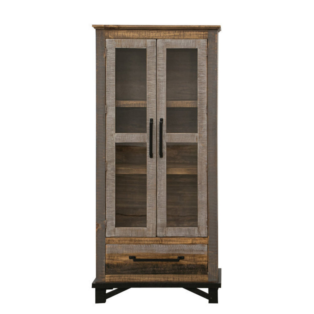 Pola 70 Inch Tall Cabinet 1 Drawer 2 Glass Doors Solid Rustic Brown Wood By Casagear Home BM312211