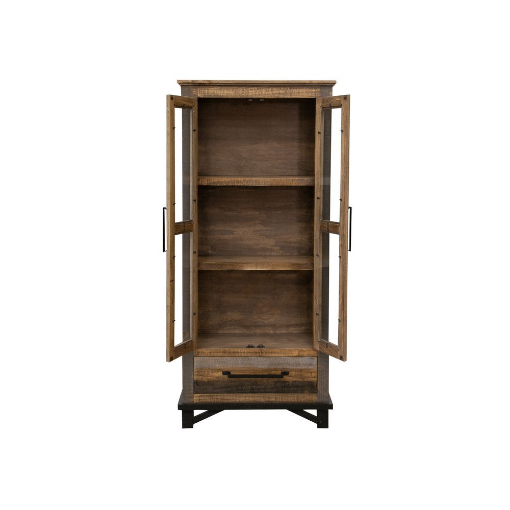Pola 70 Inch Tall Cabinet 1 Drawer 2 Glass Doors Solid Rustic Brown Wood By Casagear Home BM312211