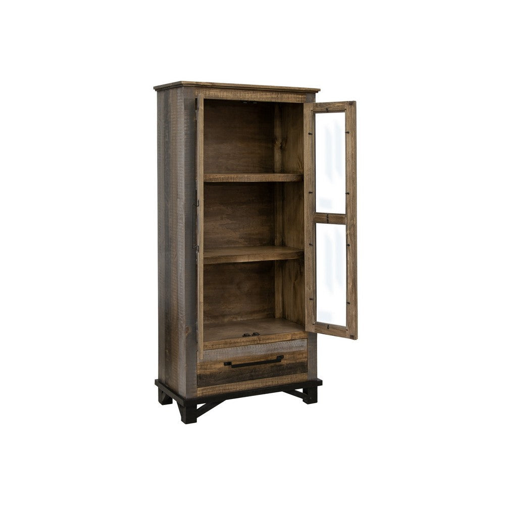 Pola 70 Inch Tall Cabinet 1 Drawer 2 Glass Doors Solid Rustic Brown Wood By Casagear Home BM312211
