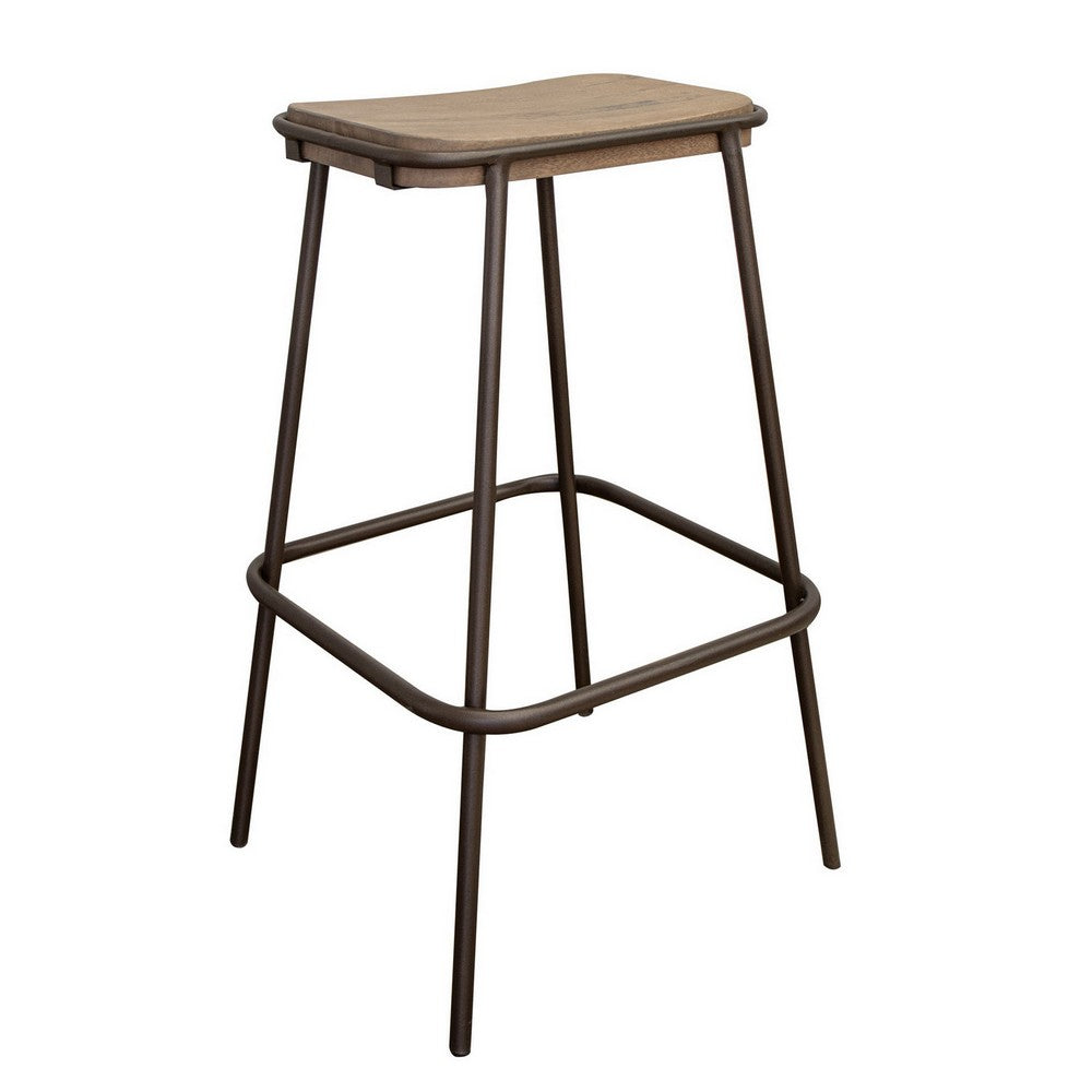 Umey 30 Inch Barstool, Footrest, Metal Frame, Solid Brown Mango Wood Top By Casagear Home