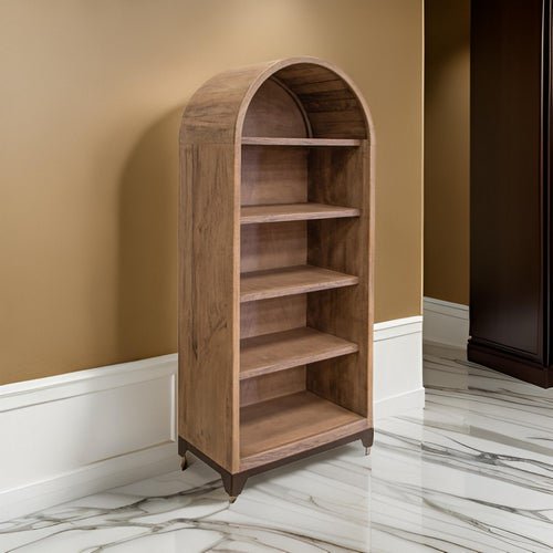 Umey 70 Inch Bookcase, 5 Shelves, Arched Top, Solid Brown Mango Wood By Casagear Home