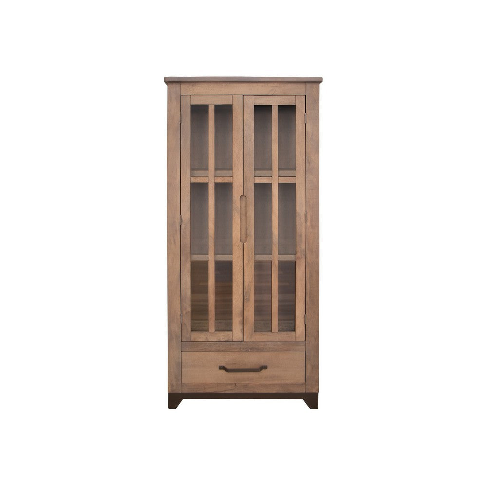 Umey 71 Inch Tall Accent Cabinet Drawer 2 Glass Doors Solid Brown Wood By Casagear Home BM312223