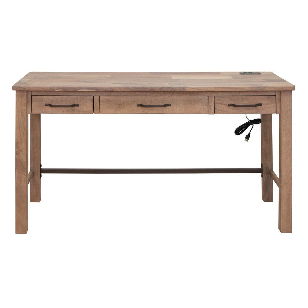 Umey 60 Inch Desk 3 Drawers Metal Handles Rustic Brown Solid Wood Frame By Casagear Home BM312224