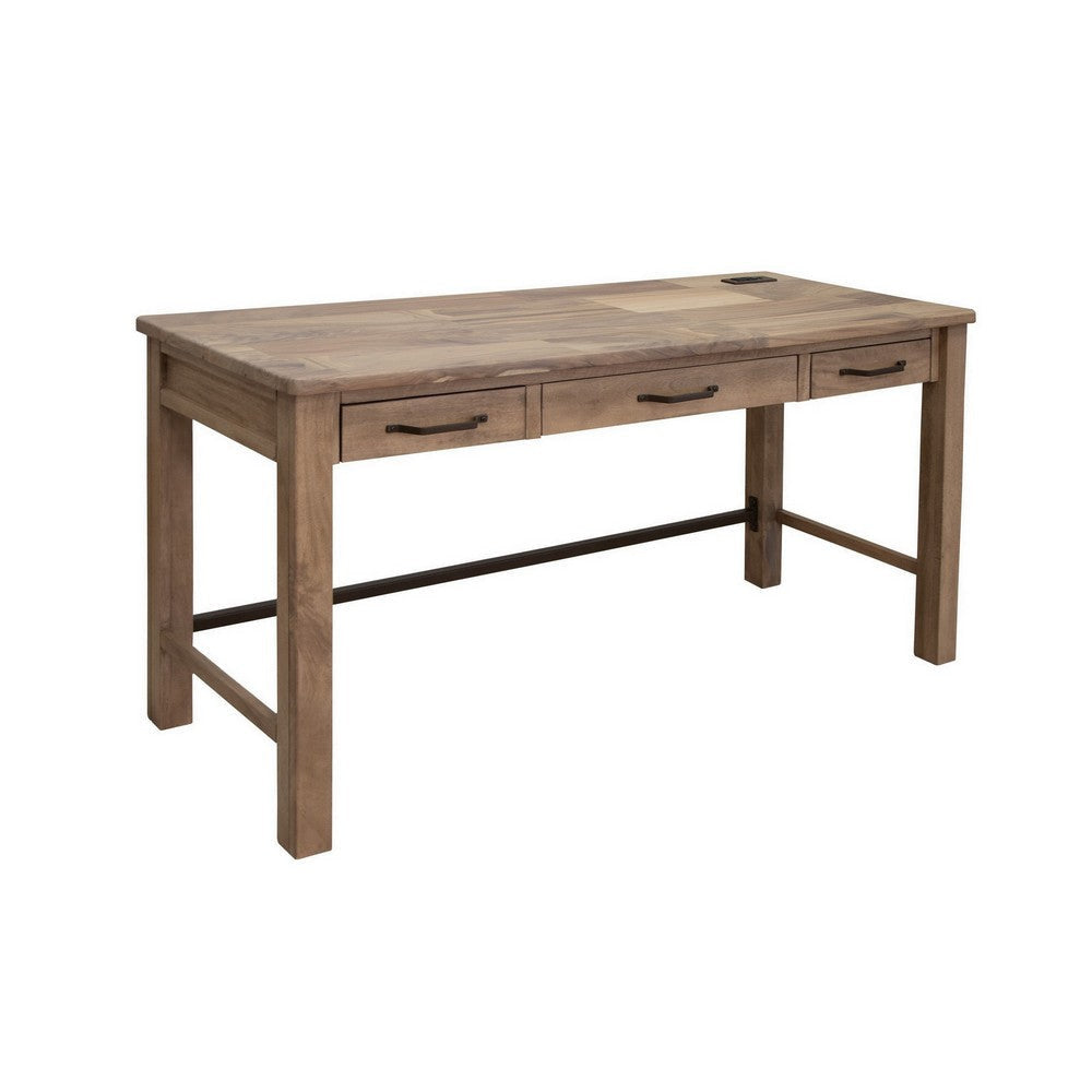 Umey 60 Inch Desk 3 Drawers Metal Handles Rustic Brown Solid Wood Frame By Casagear Home BM312224