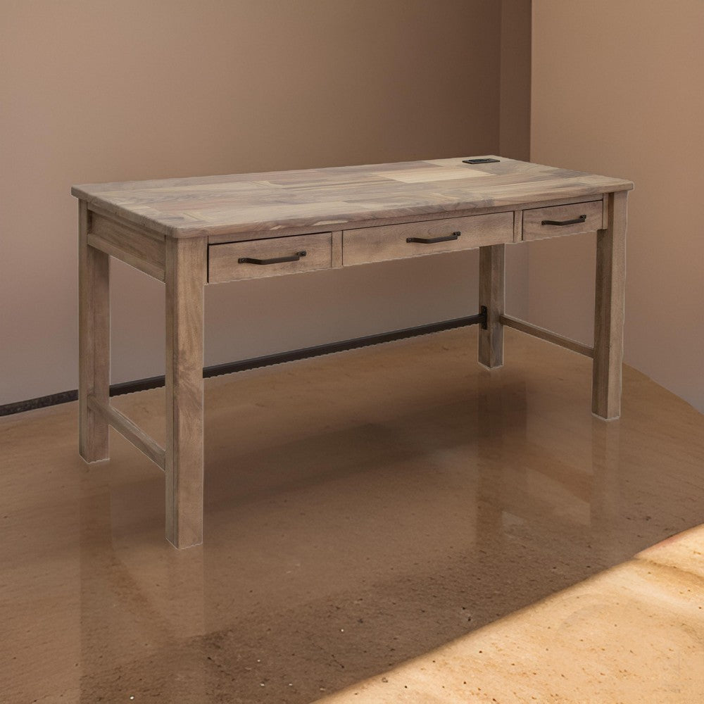 Umey 60 Inch Desk, 3 Drawers, Metal Handles, Rustic Brown Solid Wood Frame By Casagear Home