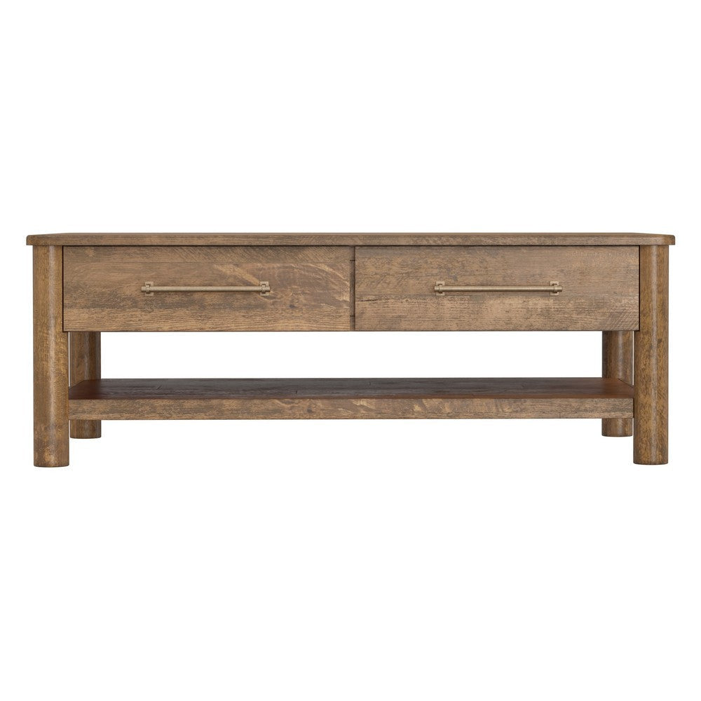 Olum 50 Inch Cocktail Coffee Table Drawers Lower Shelf Brown Mango Wood By Casagear Home BM312230