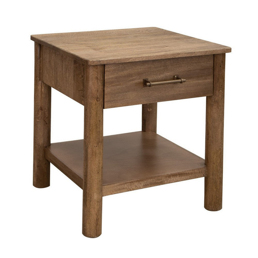 Olum 26 Inch Chairside Table Drawer Lower Shelf Square Top Wood Brown By Casagear Home BM312231