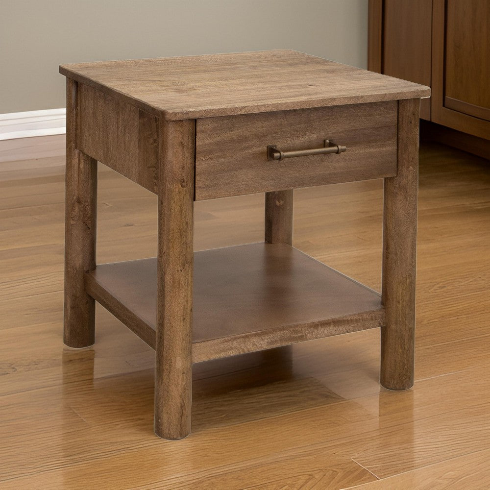 Olum 26 Inch Chairside Table, Drawer, Lower Shelf, Square Top, Wood, Brown By Casagear Home