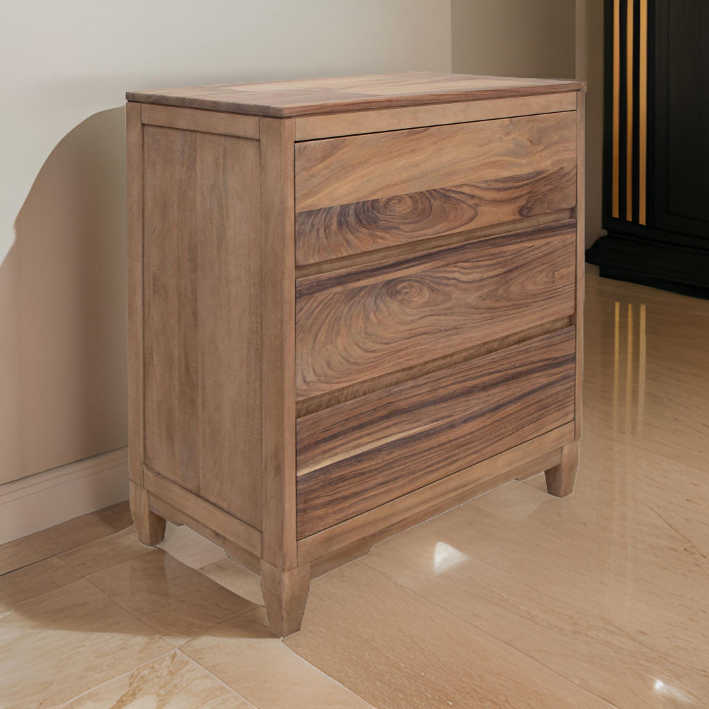 Neuv 42 Inch Tall Dresser Chest, 3 Drawers, Natural Brown Solid Mango Wood By Casagear Home