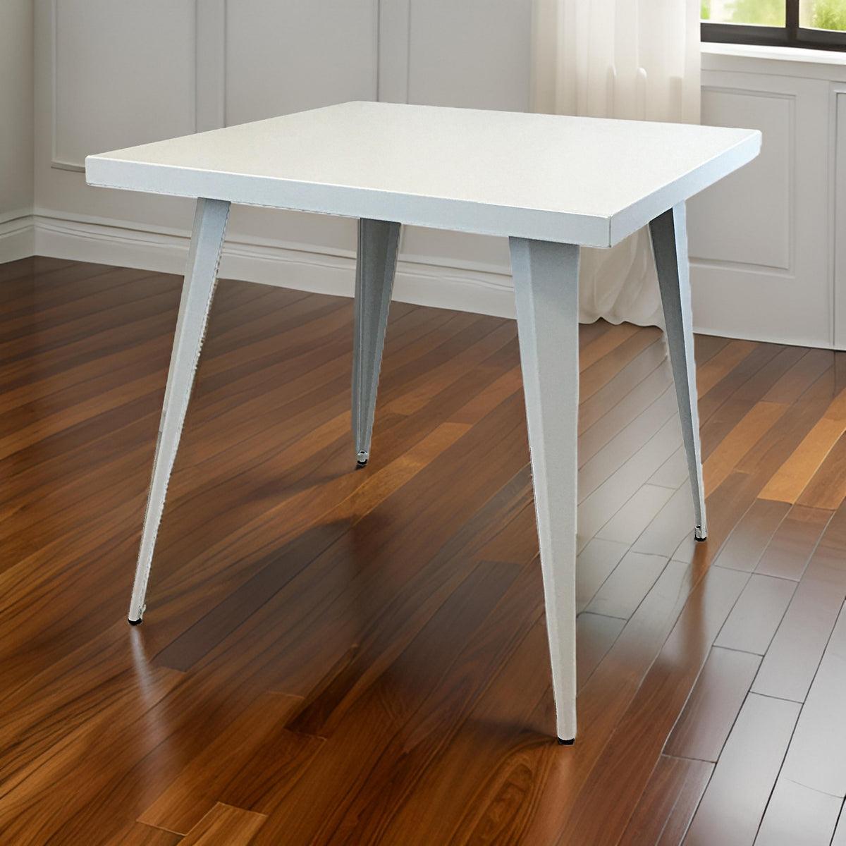 Oran 32 Inch Dining Table, Square Metal Top, Tapered Legs, White Finish By Casagear Home