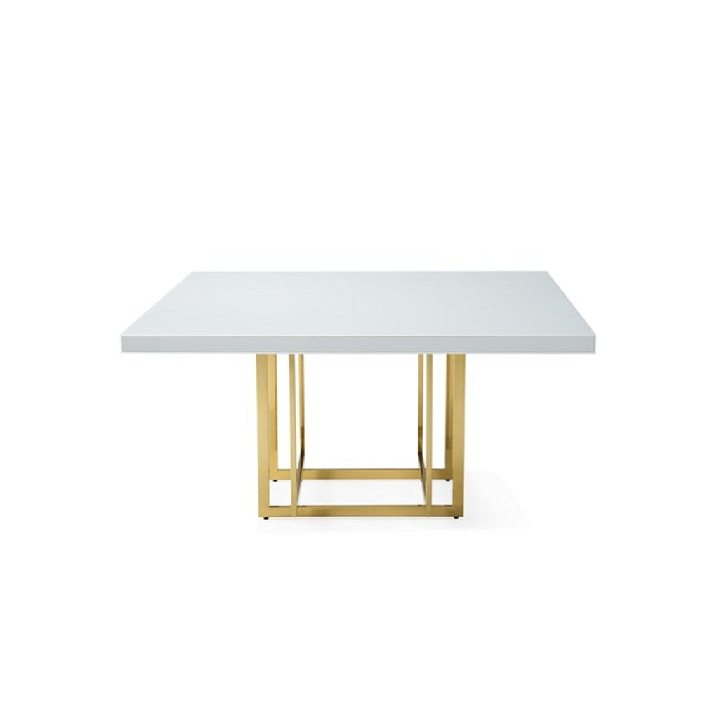 Lucie 59 Inch Dining Table Square Lacquered Glass Top Gold Base White By Casagear Home BM312256