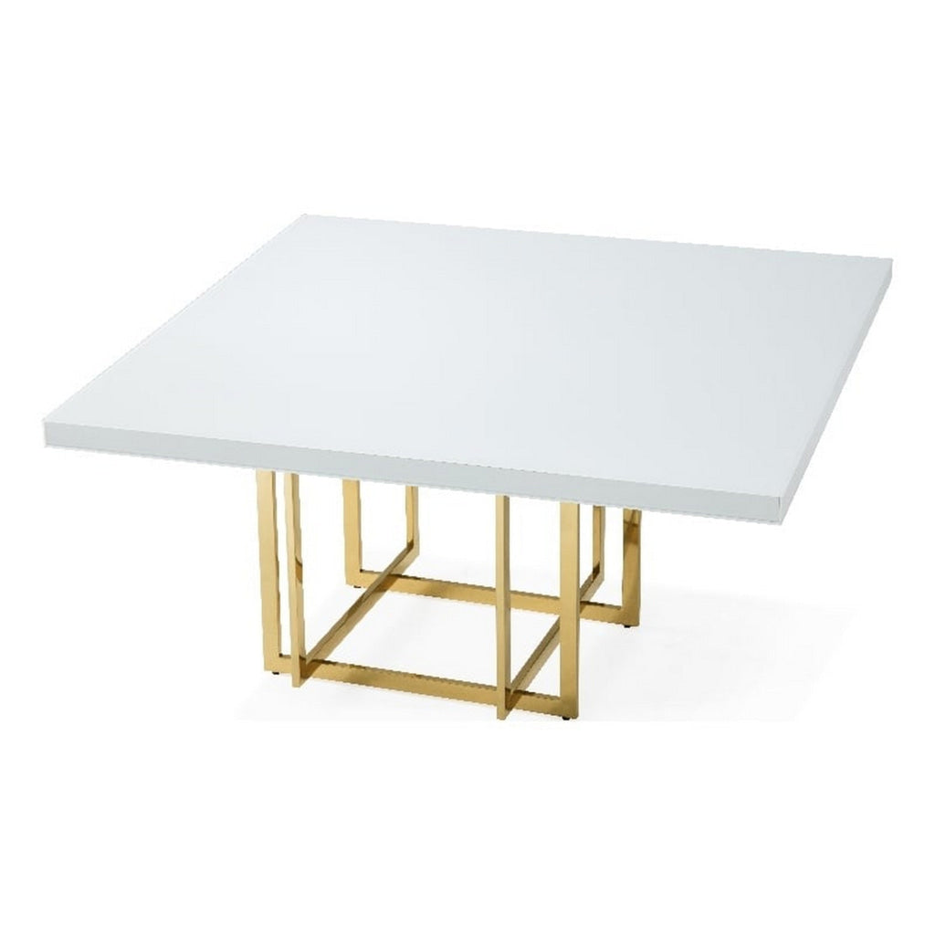 Lucie 59 Inch Dining Table Square Lacquered Glass Top Gold Base White By Casagear Home BM312256