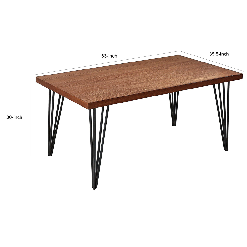 63 Inch Dining Table Brown Rectangular Elm Veneer Top Metal Black Legs By Casagear Home BM312260