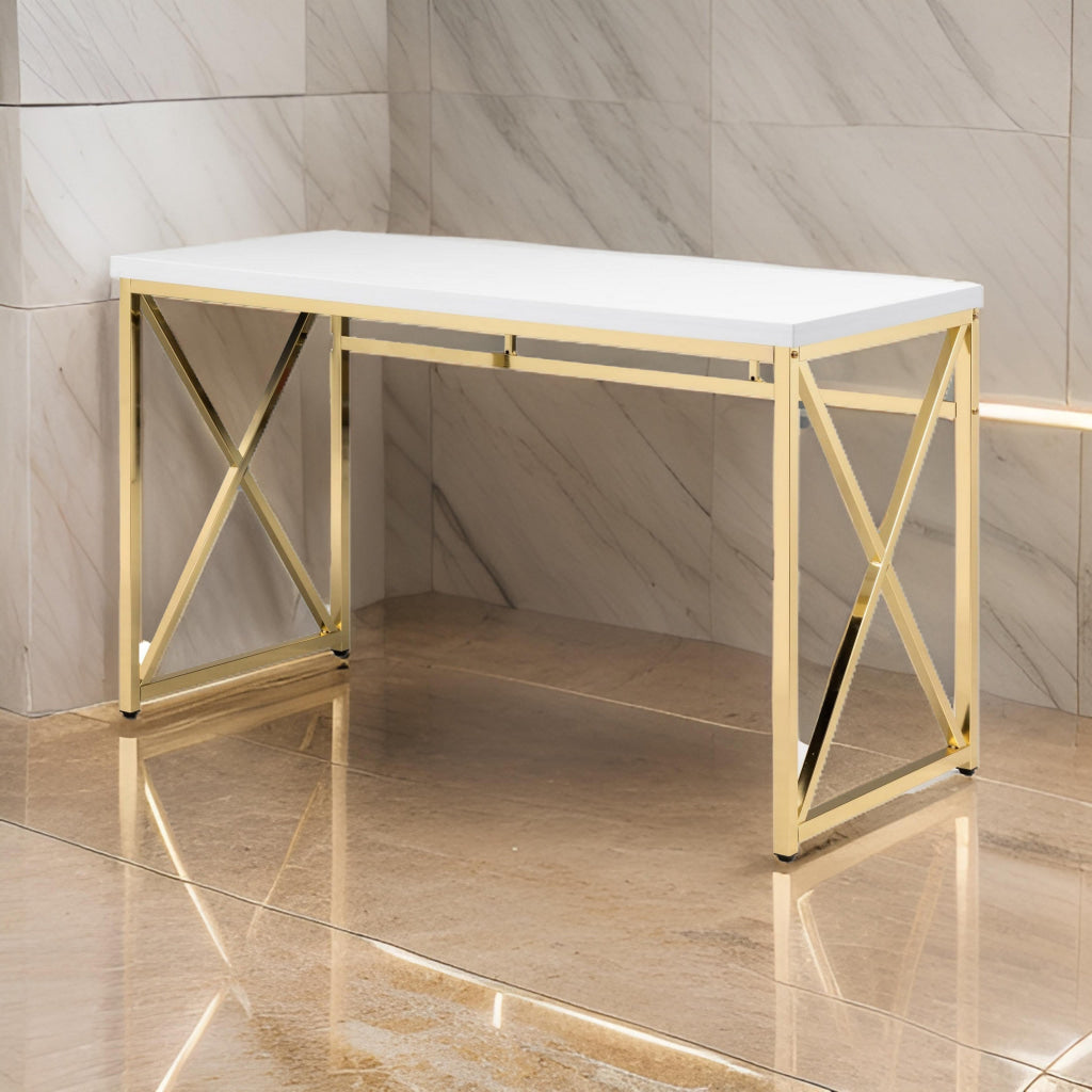 Gracie 47 Inch Desk White Rectangular Top Metal Legs in Gold Finish By Casagear Home BM312268