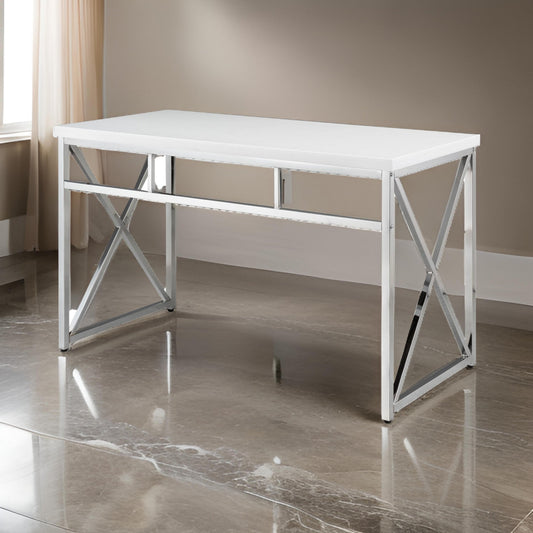 Gracie 47 Inch Desk White Rectangular Top Metal Legs in Chrome Finish By Casagear Home BM312269