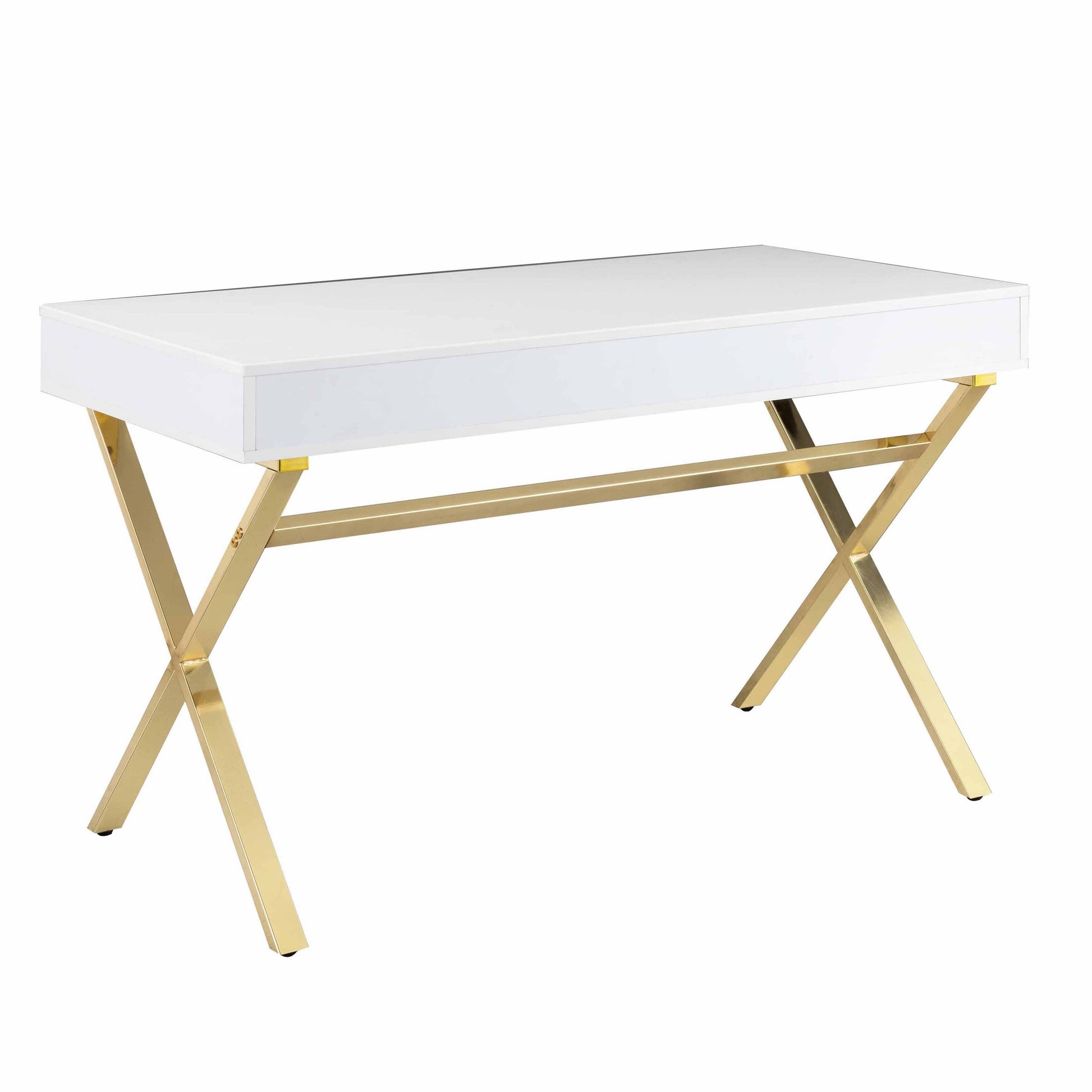 Gracie 47 Inch Desk White Rectangular Top 2 Drawers Gold Metal Legs By Casagear Home BM312270