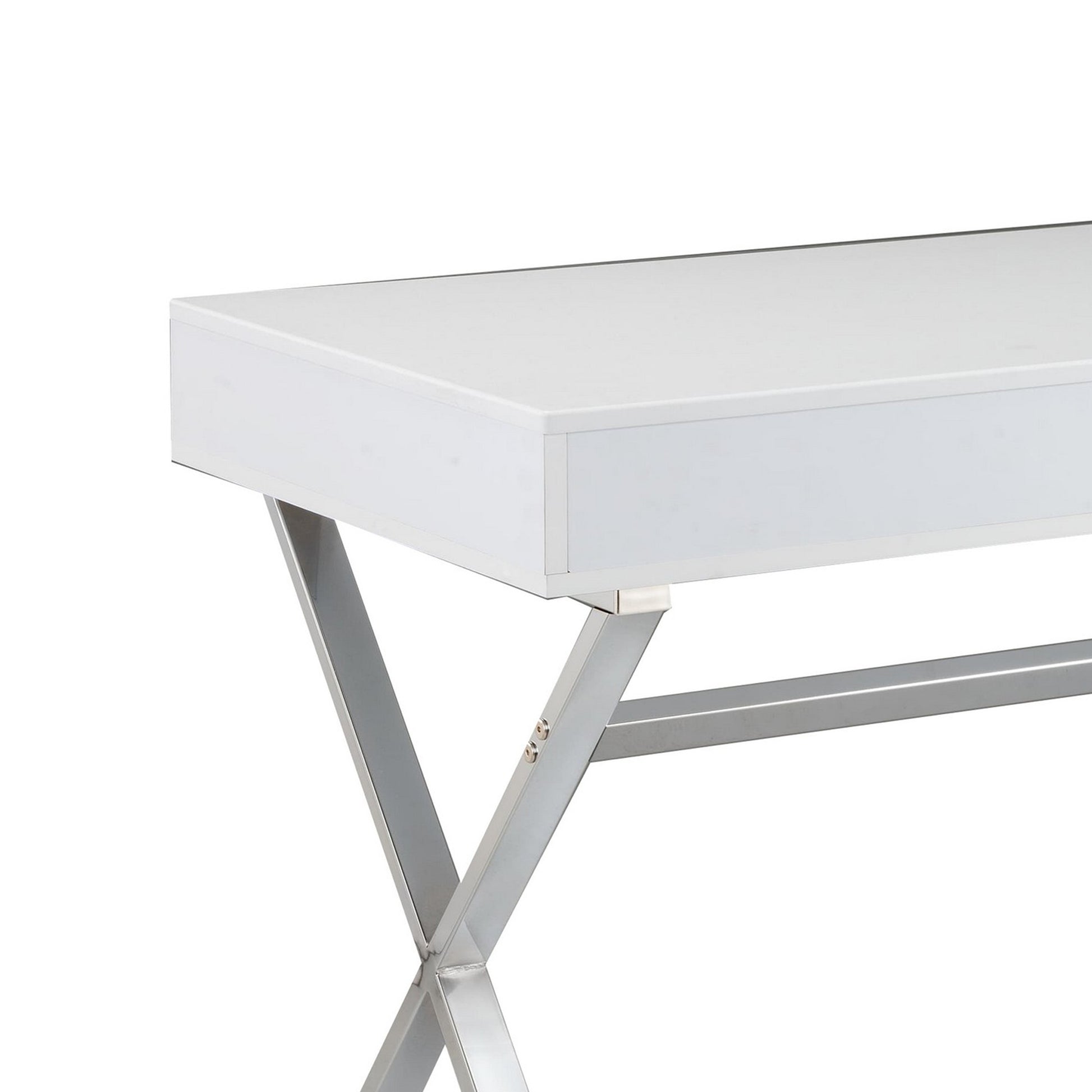 Gracie 47 Inch Desk White Rectangular Top 2 Drawers Chrome Metal Legs By Casagear Home BM312271