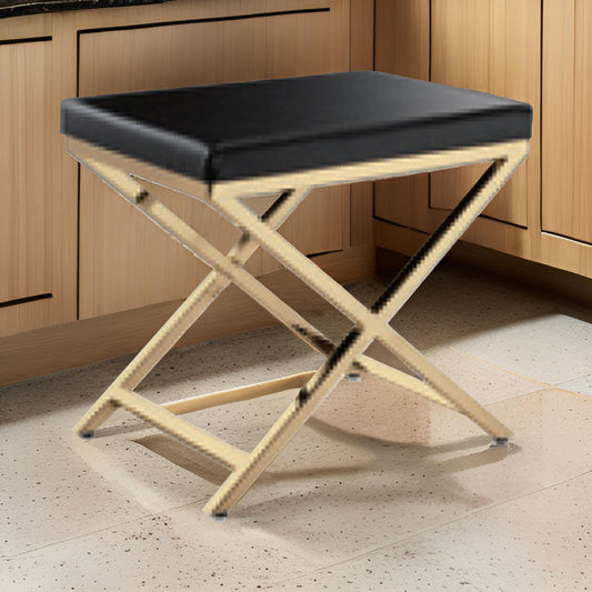Myra 21 Inch Accent Stool, Gray Faux Leather, Gold Finished Cross Legs By Casagear Home