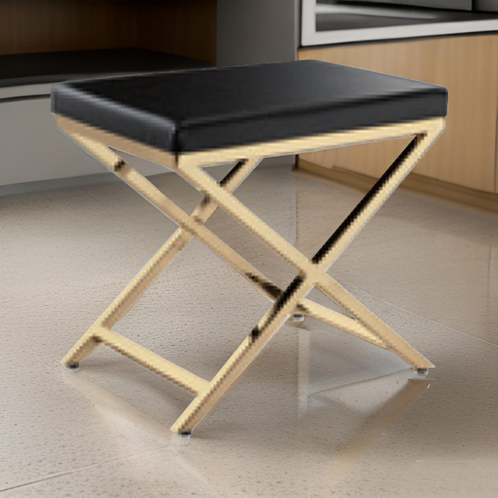 Myra 21 Inch Accent Stool, Black Faux Leather, Gold Finished Cross Legs By Casagear Home